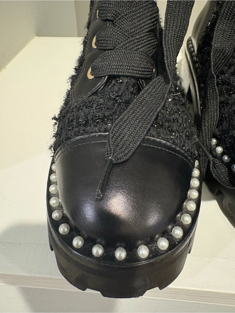 Kate Spade Black Women's Lace-Up Pearl-Trim Combat Boot